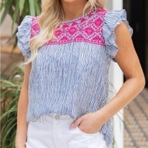 THML Blue White Striped Blouse Top Shirt Pink Embroidered XSmall Flutter Sleeve